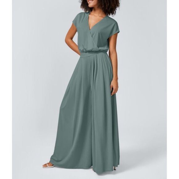 Halara V Neck Short Sleeve Side Pocket Wide Leg Waffle Casual Jumpsuit Sz XL Tal - Picture 11 of 13